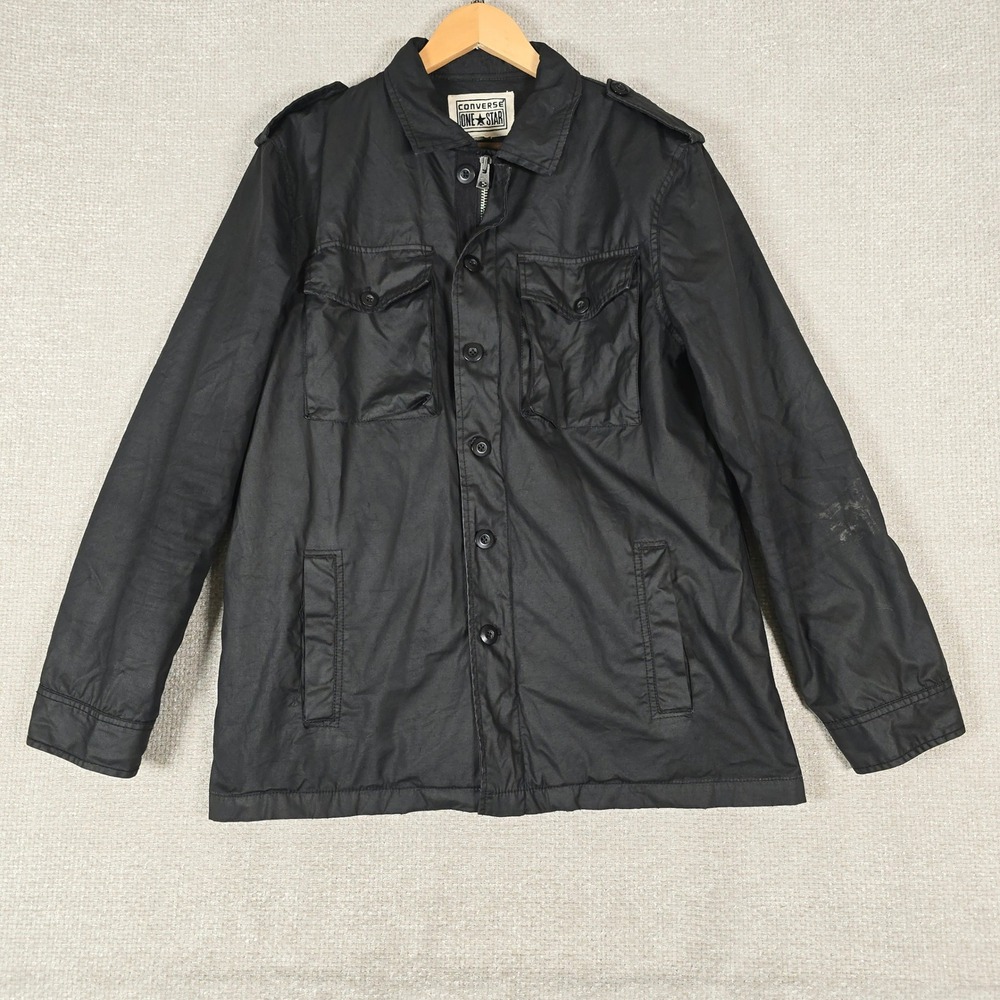 Converse One Star Mens Black Cotton Military Field Jacket Sz M Zip Button Front